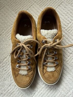 Marc Fisher Tan Suede Shearling Lace-Up Sneakers